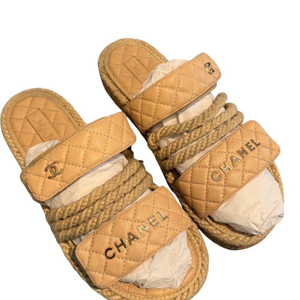 CHANEL Beige Quilted Rope Sandals